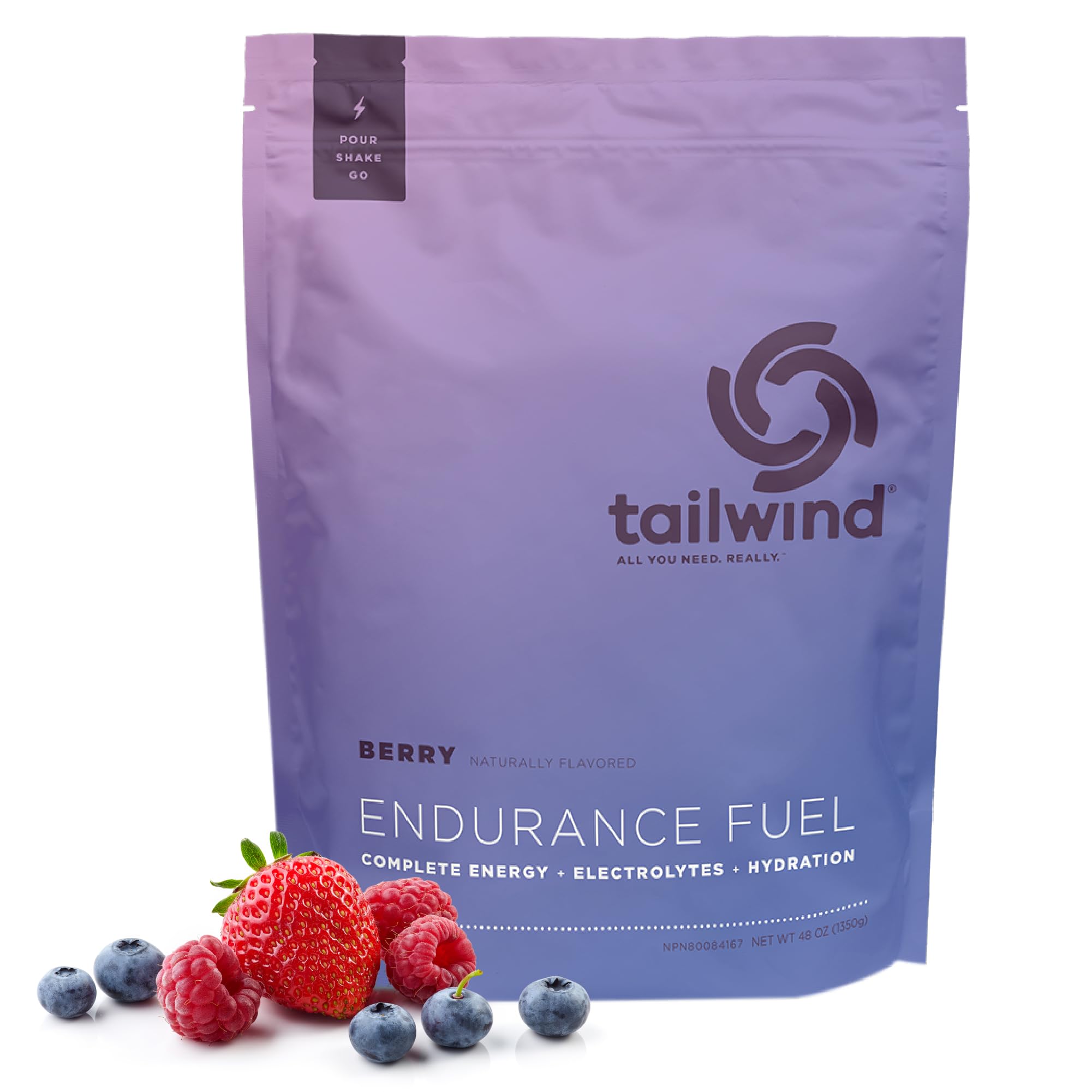 Tailwind Nutrition Endurance Fuel Berry frente del paquete mostrando 50 porciones y marca