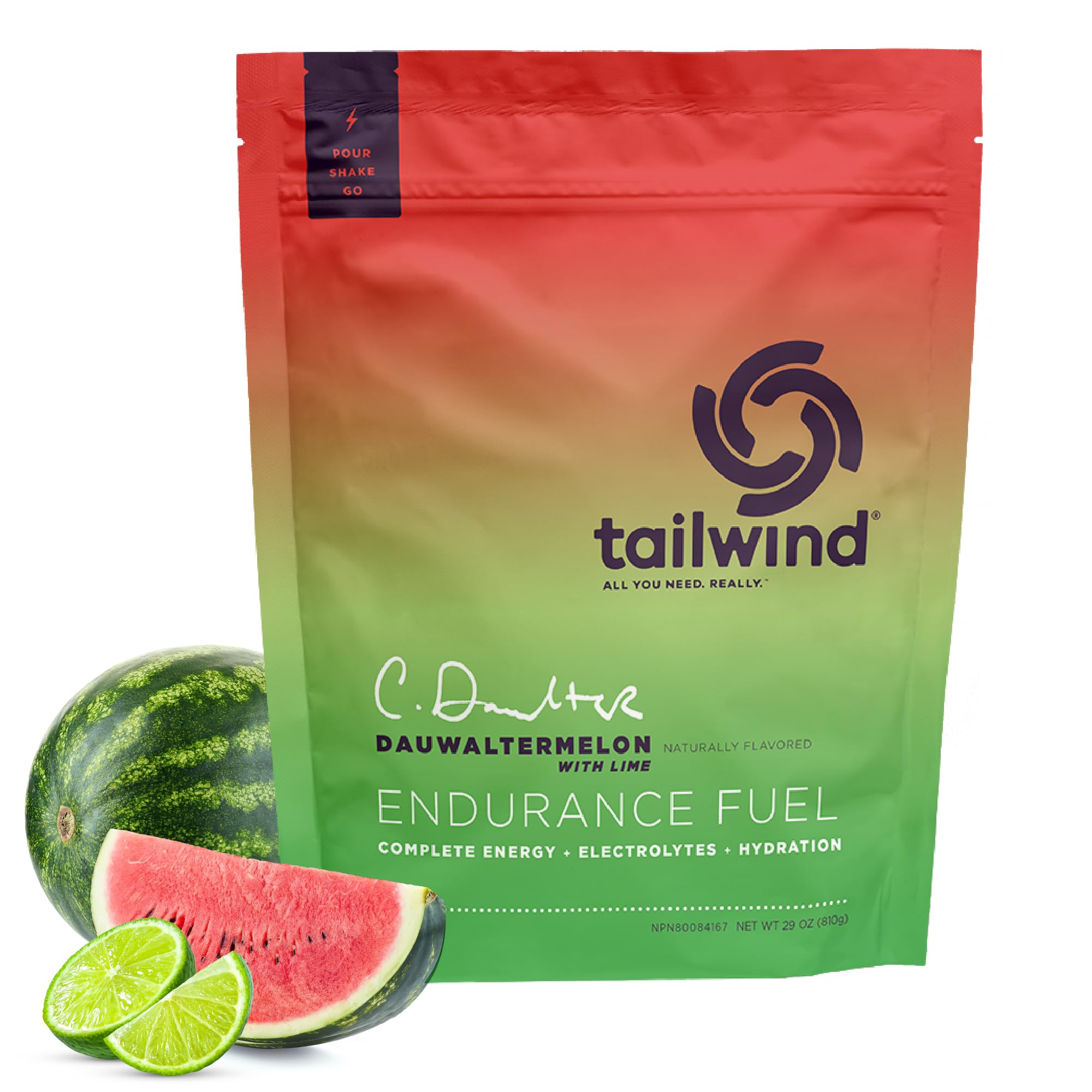 Tailwind Dauwaltermelon frente de la bolsa mostrando 30 porciones y fácil transporte