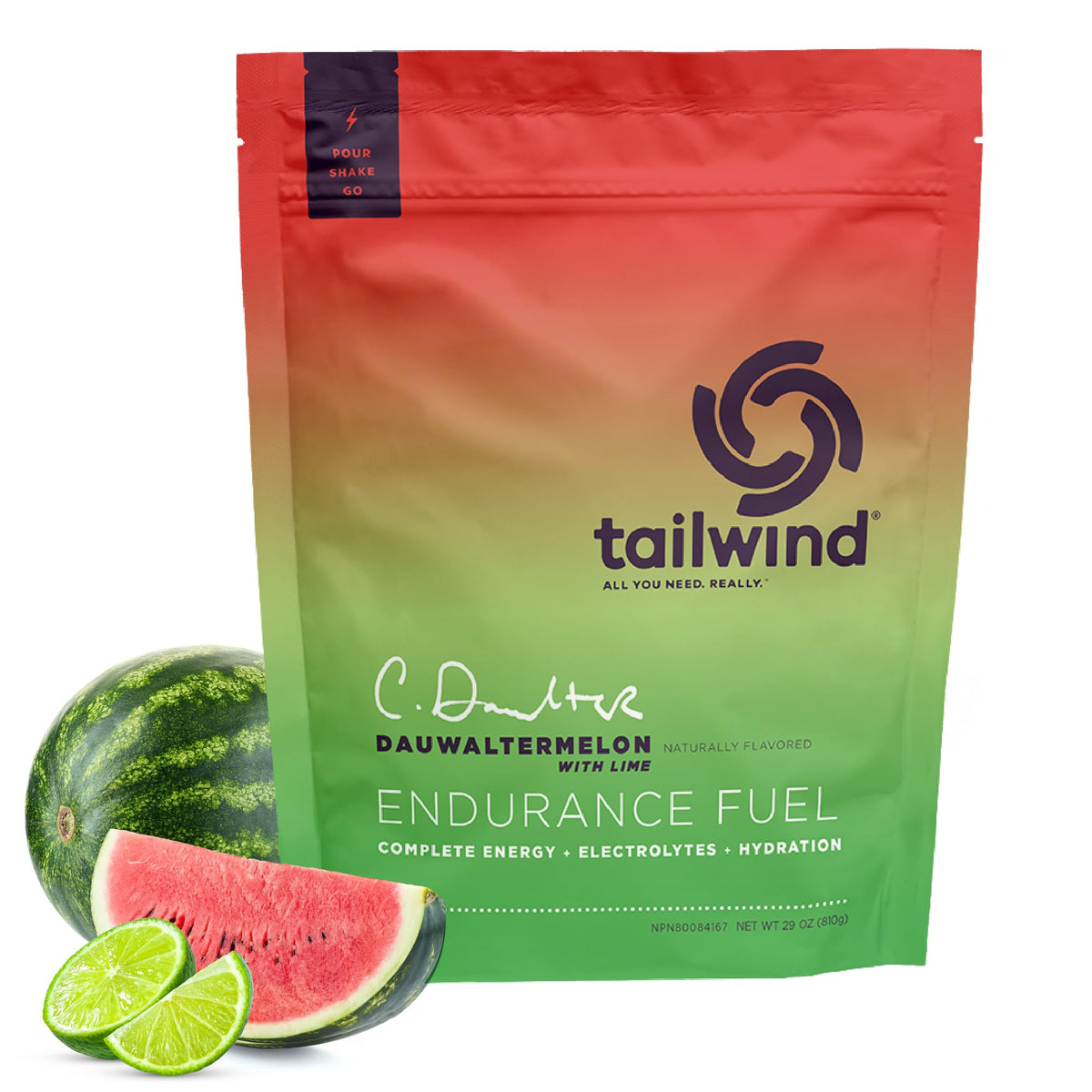 Tailwind Dauwaltermelon frente de la bolsa mostrando 30 porciones y fácil transporte