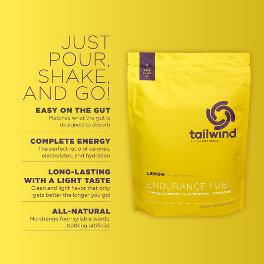 Tailwind Endurance Fuel Lemon vista del polvo, textura fina y fácil disolución