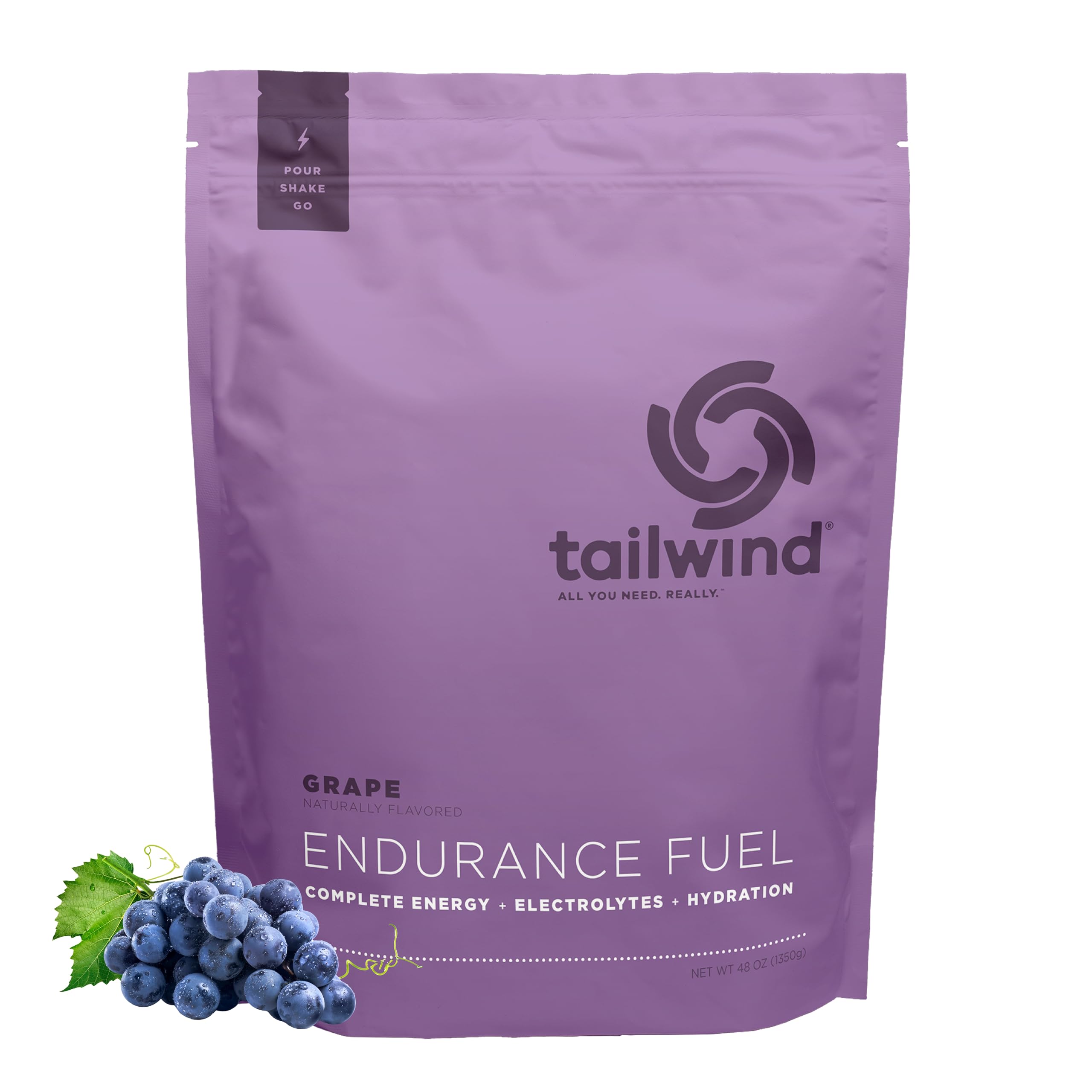Tailwind Nutrition uva paquete frontal mostrando la bolsa y 50 raciones