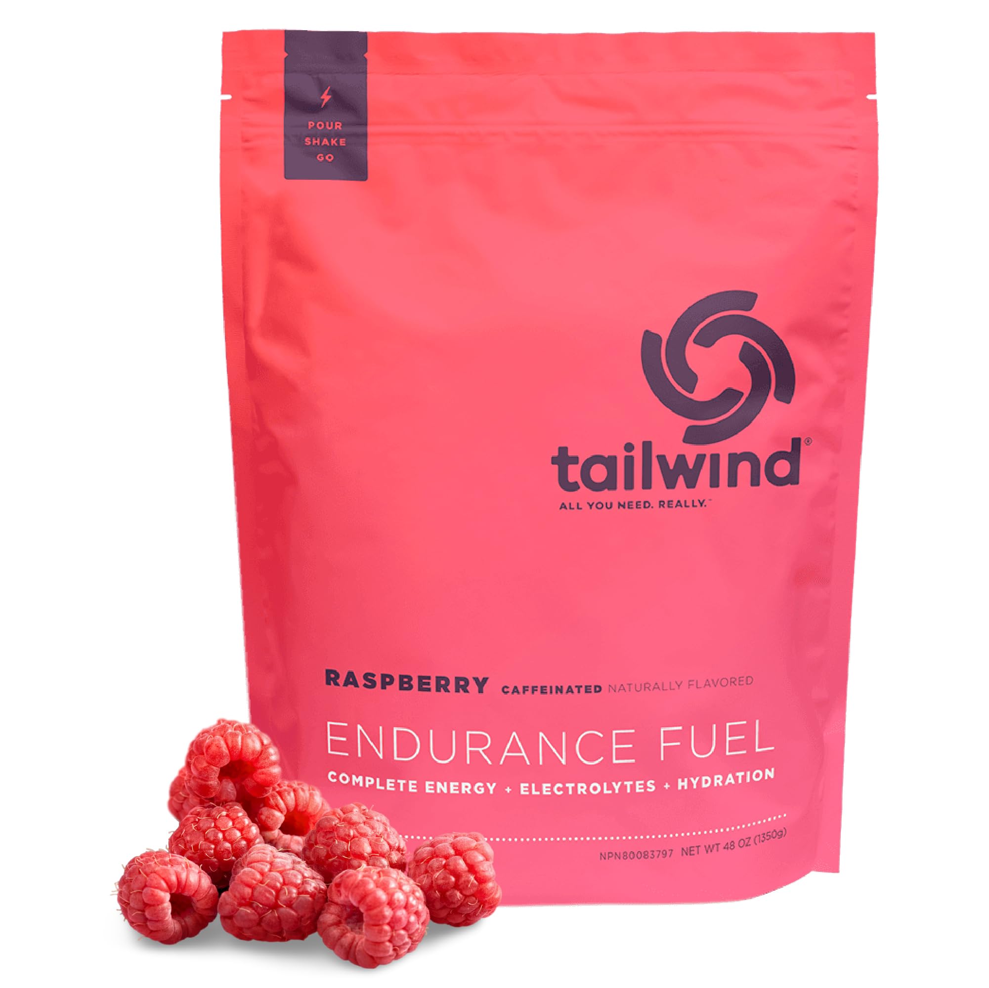 Tailwind Nutrition bolsa frontal Raspberry Buzz mostrando tamaño y diseño, fácil identificación