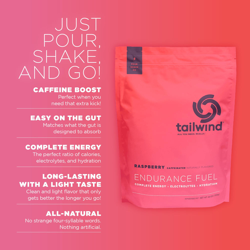Tailwind Nutrition primer plano del polvo Raspberry Buzz que destaca textura fina y disolución rápida