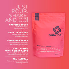 Tailwind Nutrition primer plano del polvo Raspberry Buzz que destaca textura fina y disolución rápida