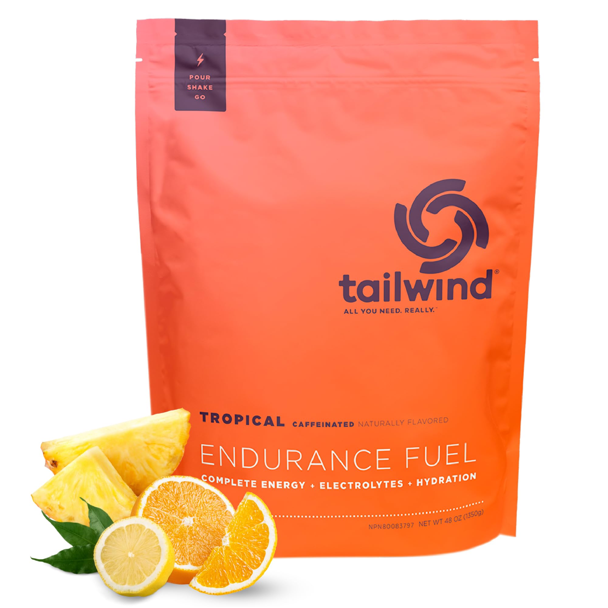 Tailwind Nutrition bolsa frontal Tropical Buzz mostrando 50 porciones y beneficios
