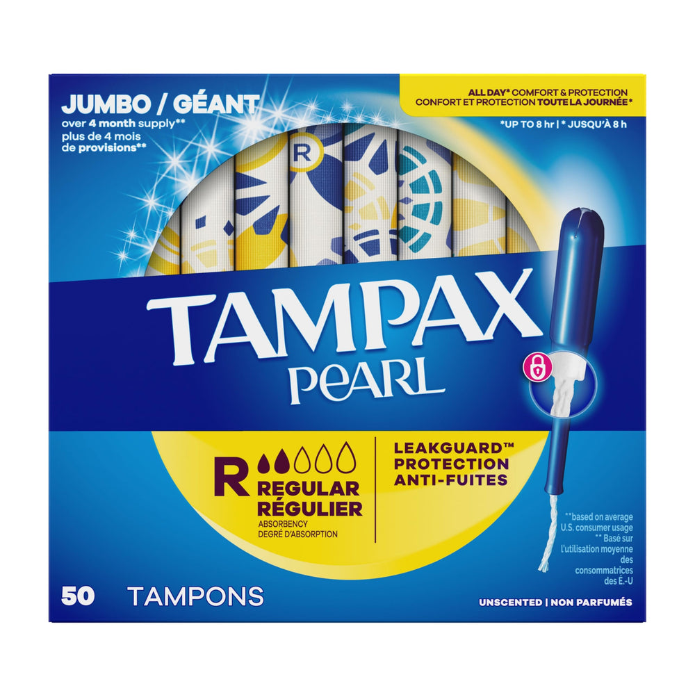 Tampax caja abierta mostrando 50 unidades listas para usar