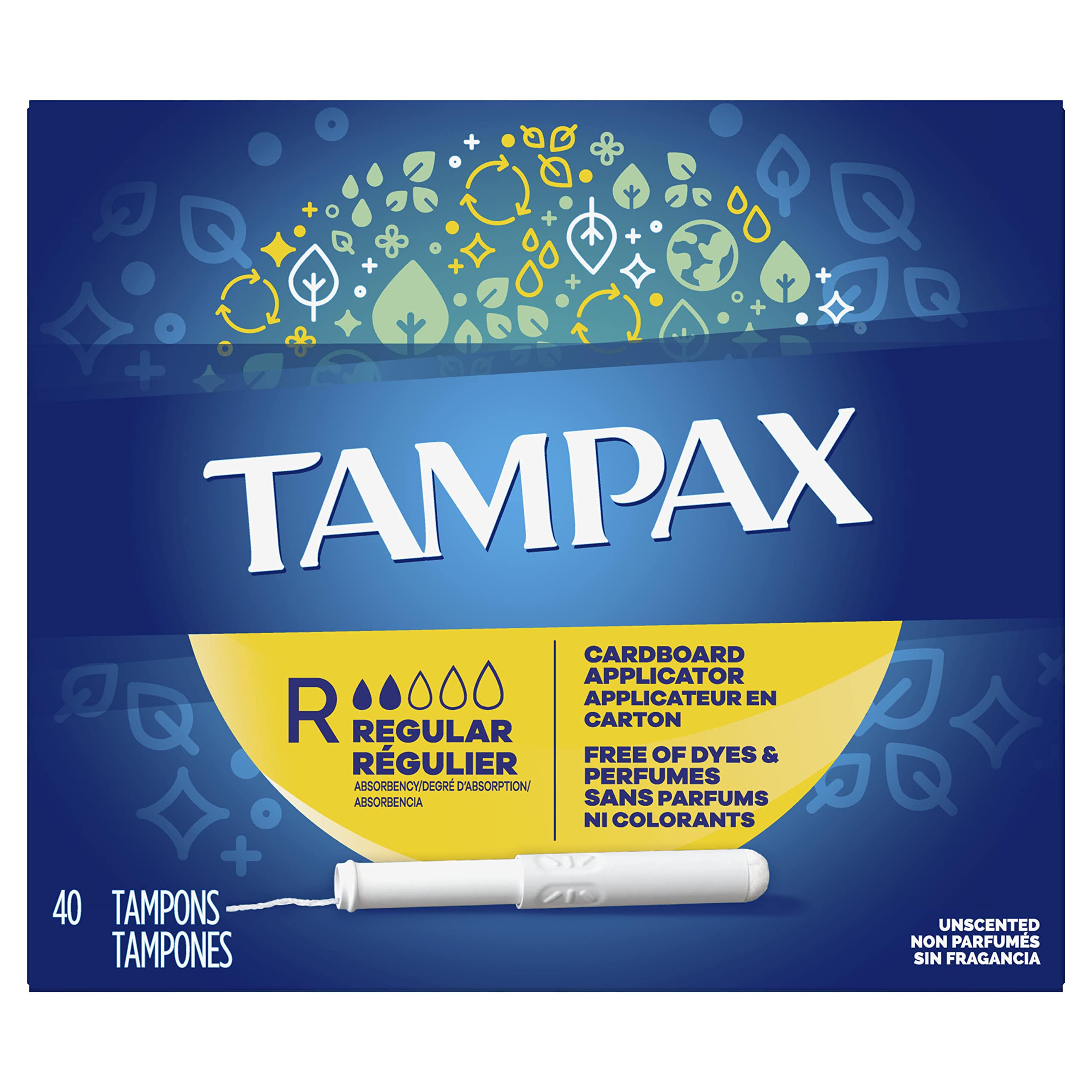 Tampax frontal del paquete de 40 tampones mostrando marca y formato económico