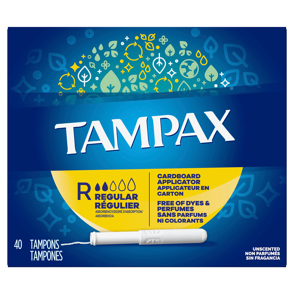 Tampax frontal del paquete de 40 tampones mostrando marca y formato económico