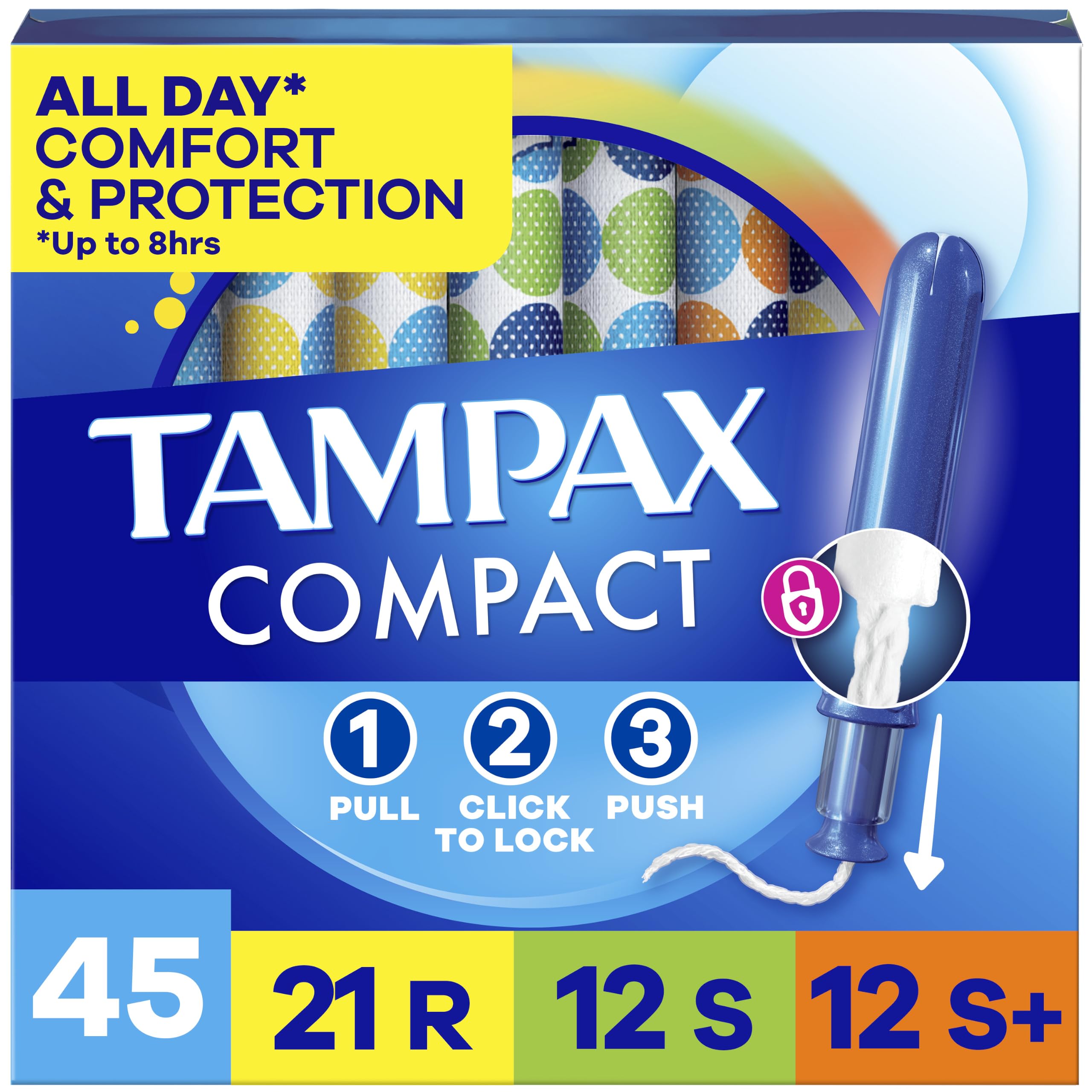 Tampax empaque frontal mostrando paquete compacto y beneficio de discreción