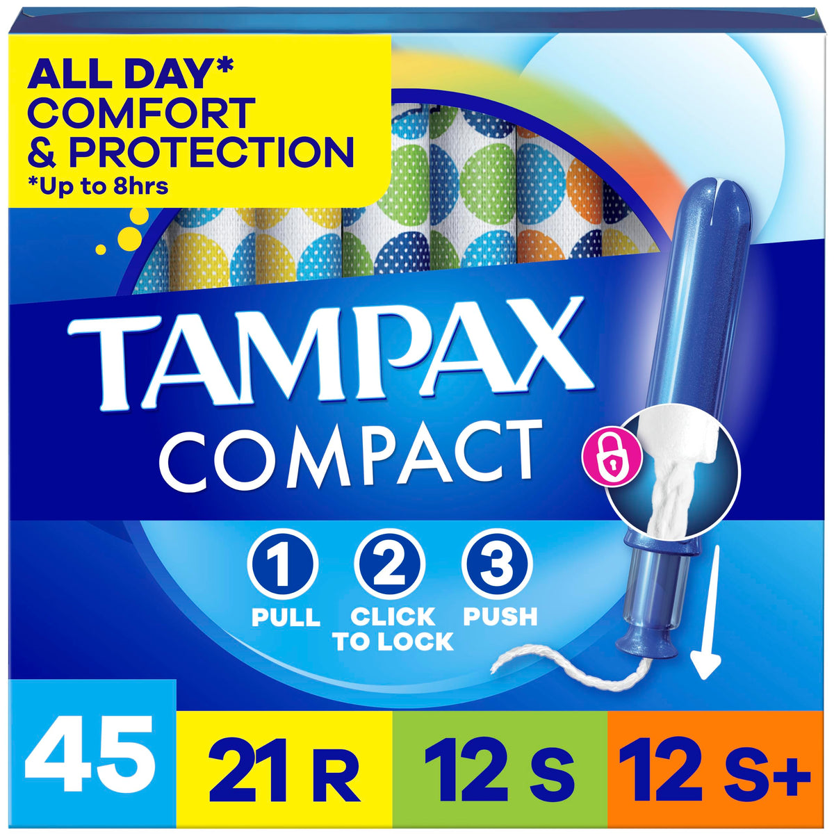 Tampax empaque frontal mostrando paquete compacto y beneficio de discreción