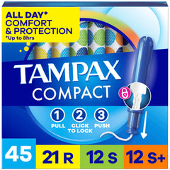 Tampax empaque frontal mostrando paquete compacto y beneficio de discreción