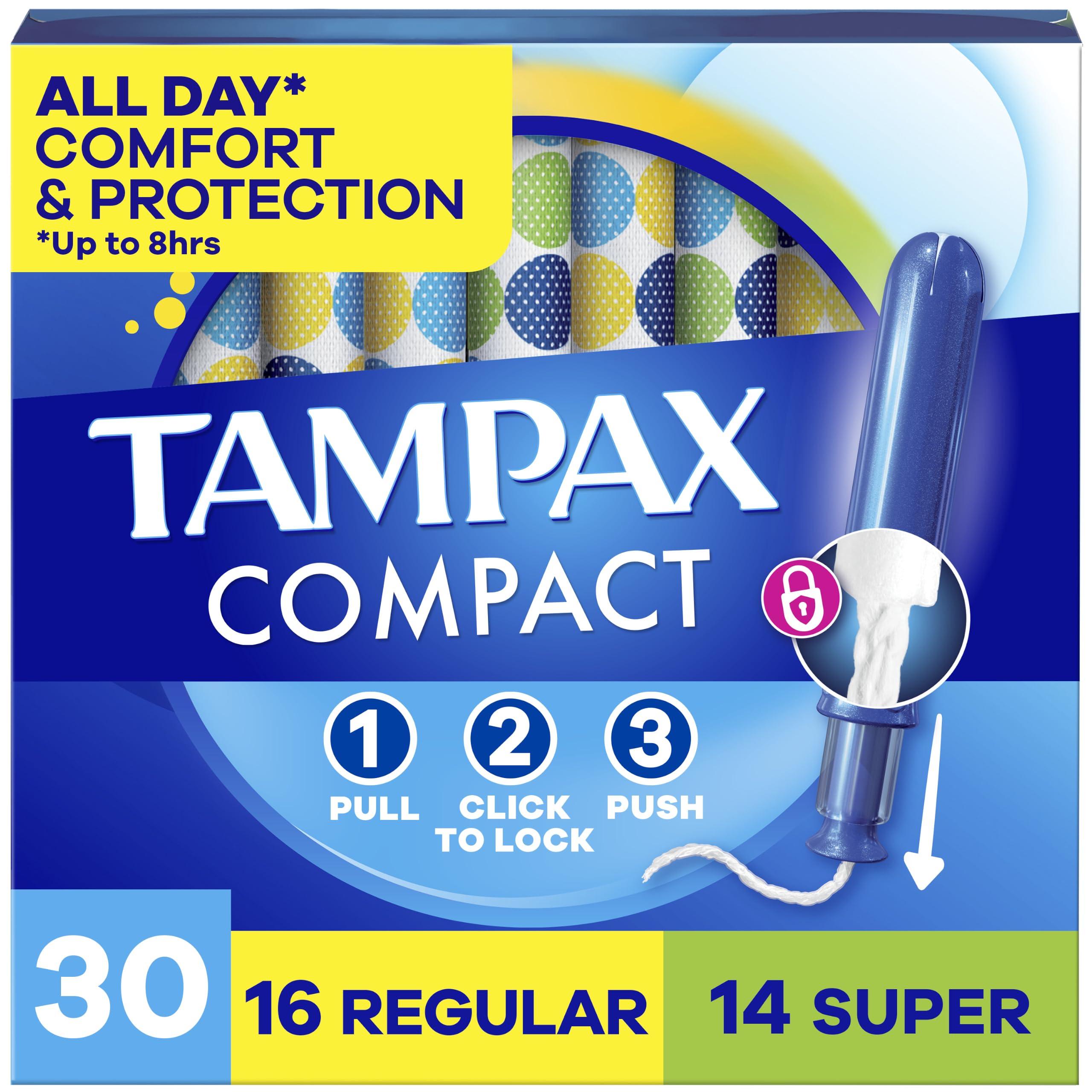 Tampax frente del paquete mostrando 30 unidades y portabilidad