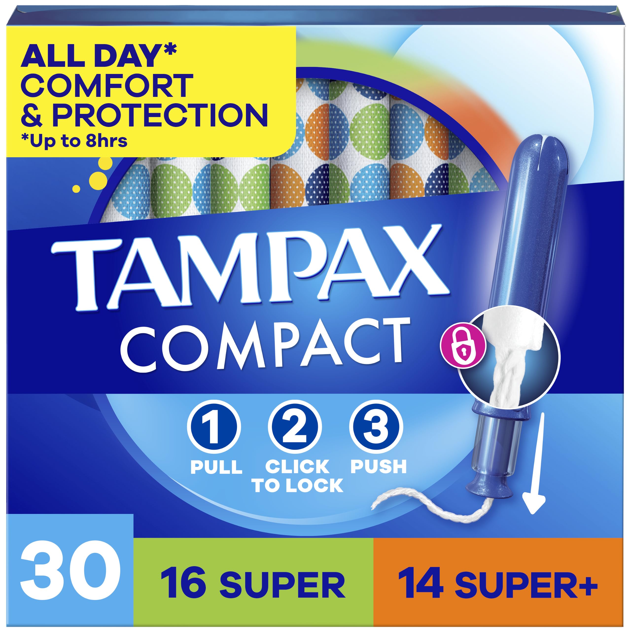 Tampax frontal del paquete mostrando la marca y beneficio compacto