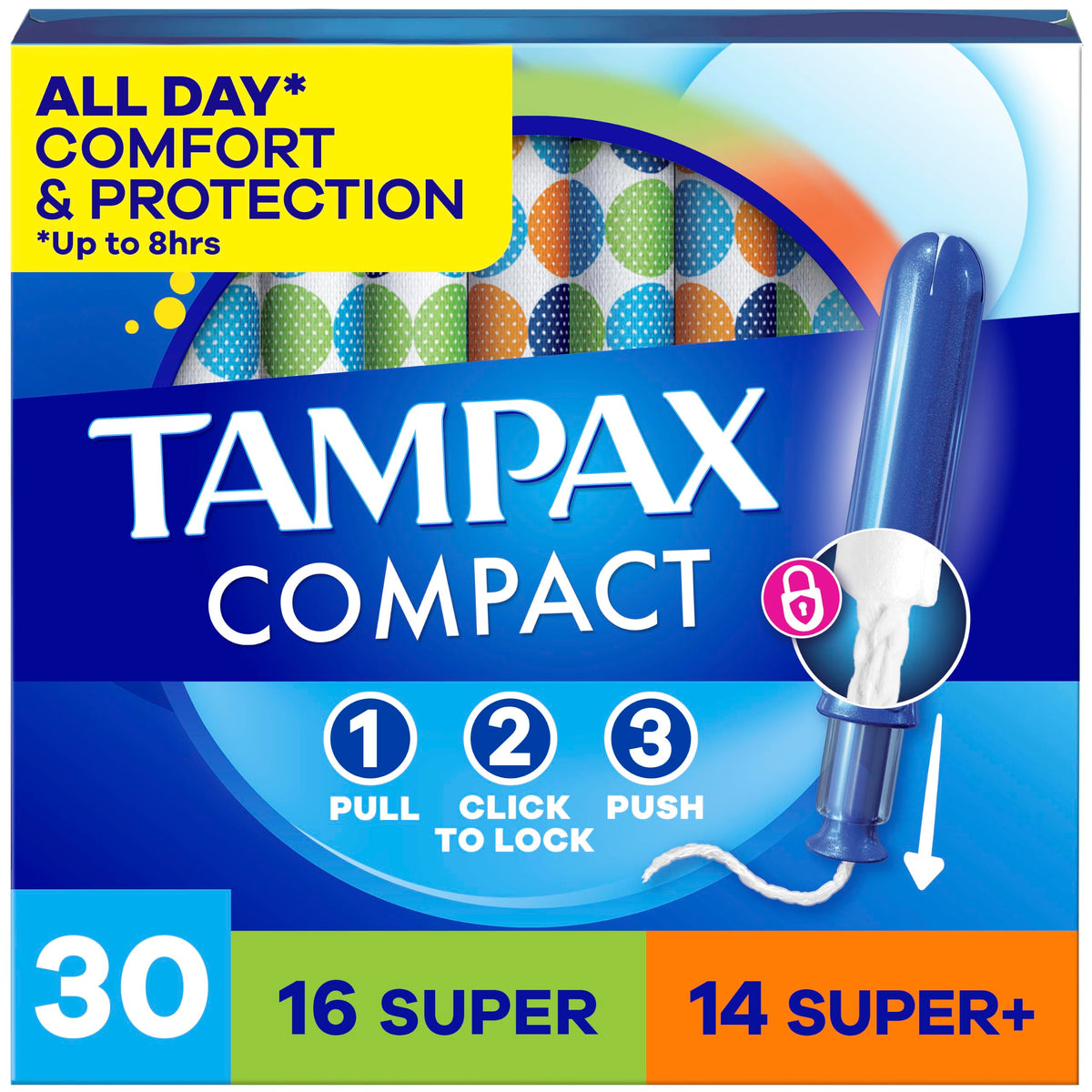 Tampax frontal del paquete mostrando la marca y beneficio compacto
