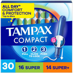 Tampax frontal del paquete mostrando la marca y beneficio compacto