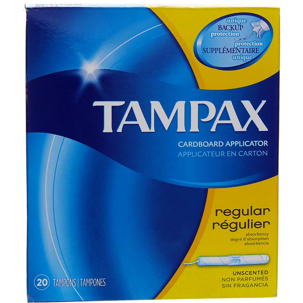 Tampax frente del envase mostrando 20 tampones, protección práctica