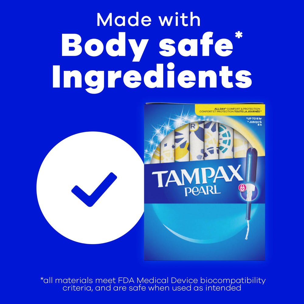 Tampax Pearl junto a regla para comparar tamaño y discreción