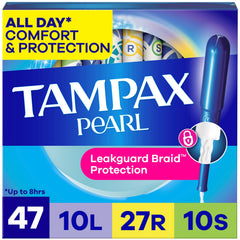 Tampax empaque frontal mostrando diseño y cantidad 47, seguridad visible