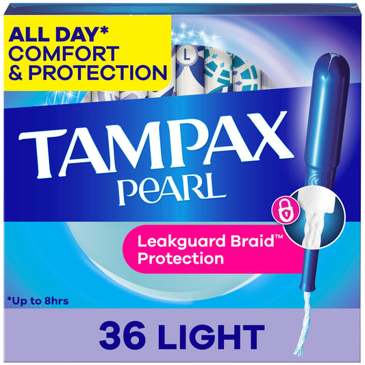Tampax Pearl envase frontal mostrando 36 unidades y protección discreta