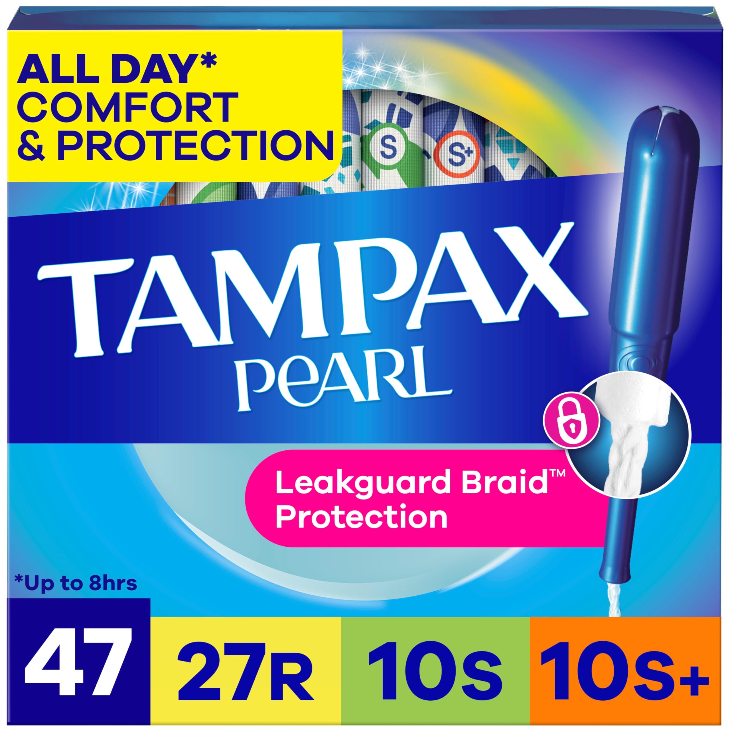 Tampax Pearl frontal del empaque mostrando cantidad y absorbencias, protección clara
