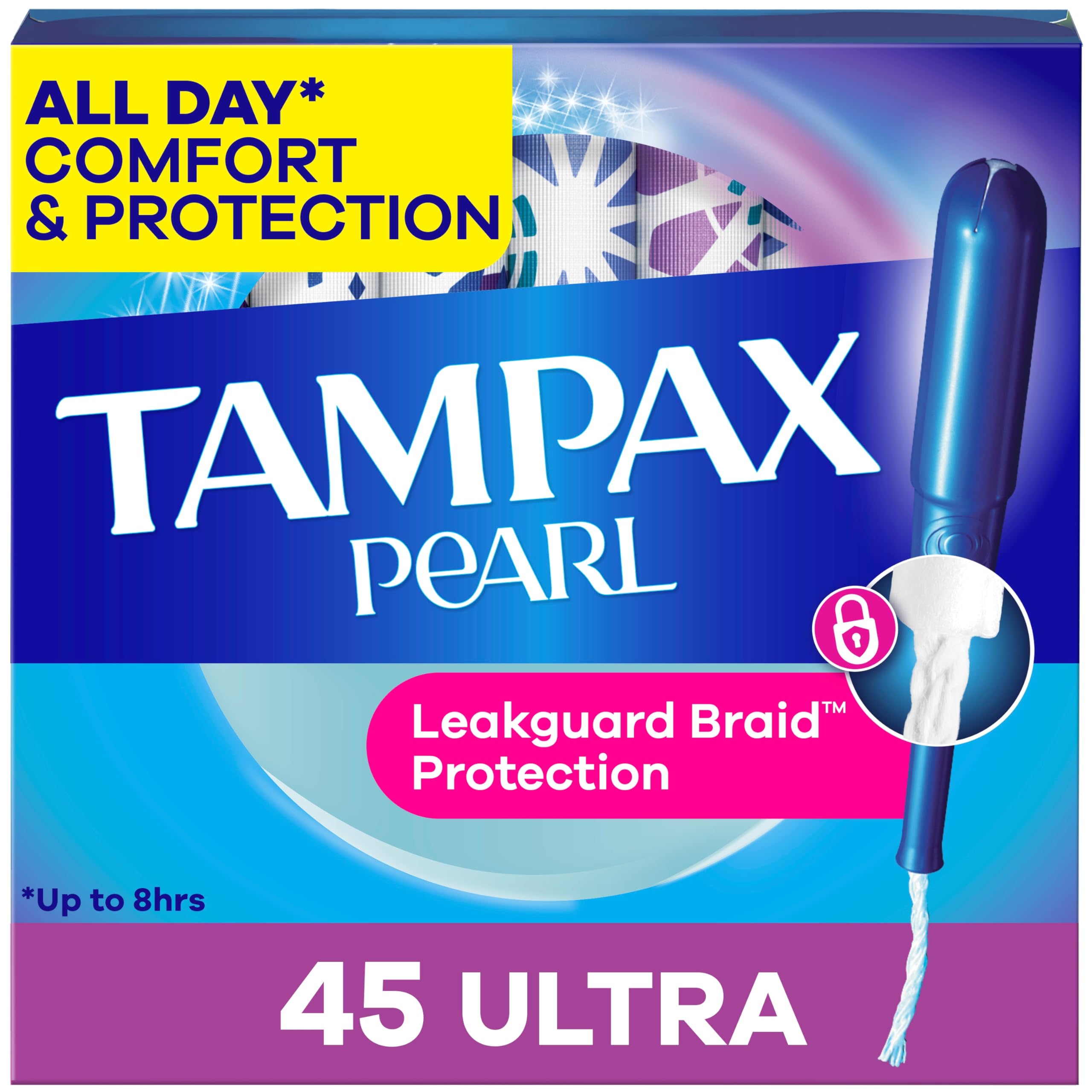 Tampax empaquetado frontal mostrando cantidad y marca, protección confiable