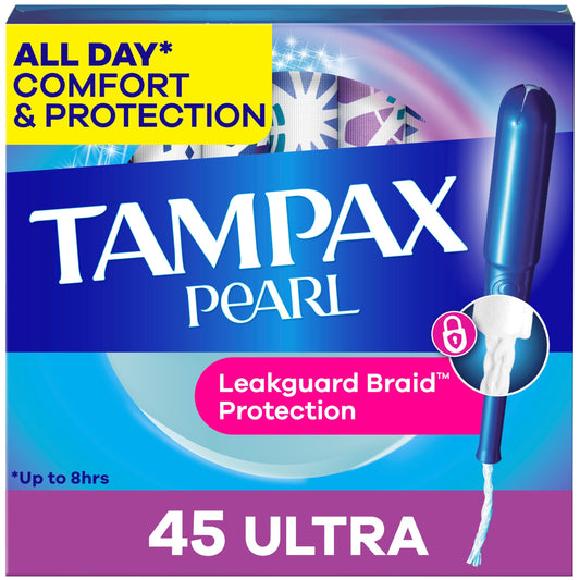 Tampax empaquetado frontal mostrando cantidad y marca, protección confiable