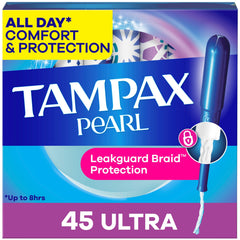 Tampax empaquetado frontal mostrando cantidad y marca, protección confiable