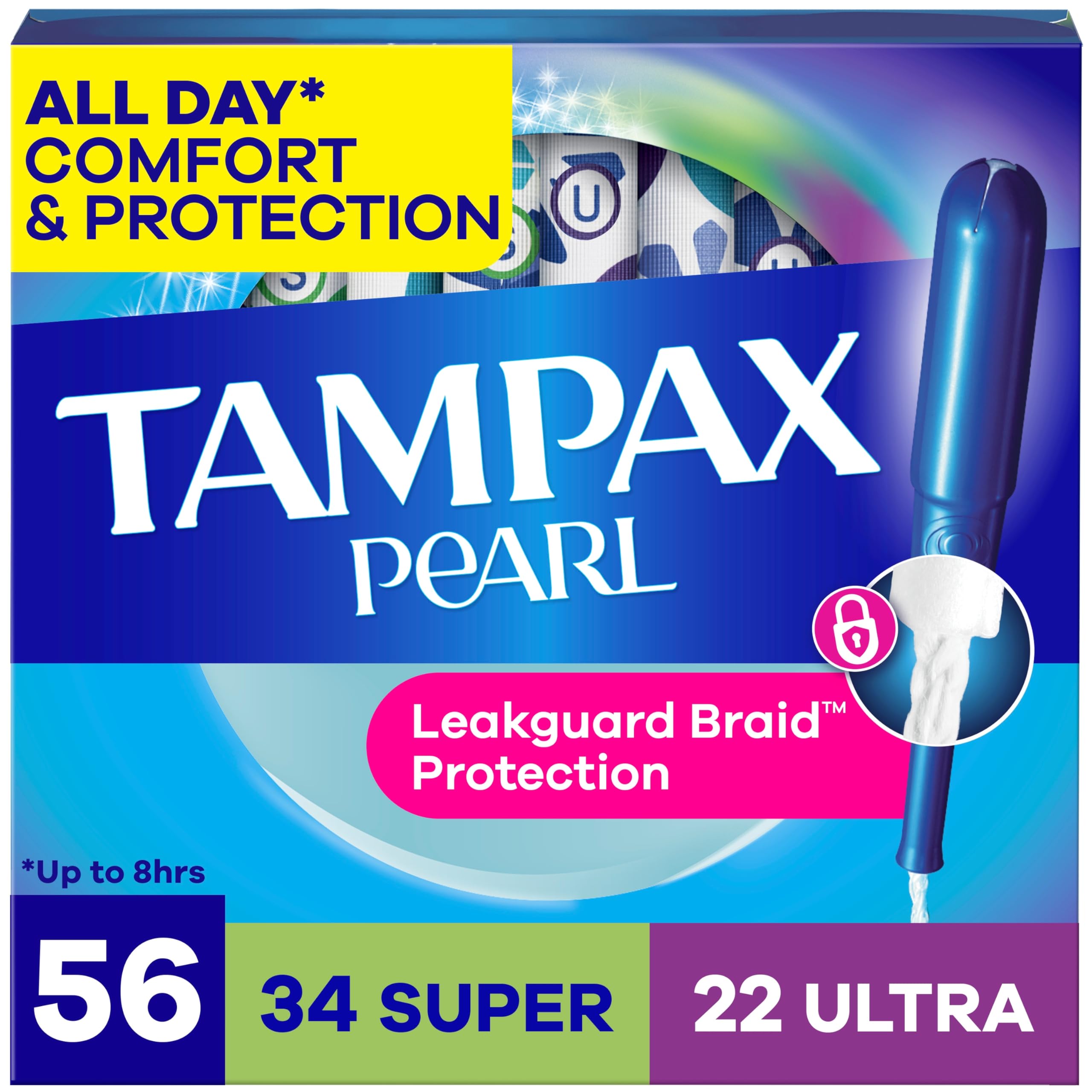 Tampax empaque frontal de 56 unidades mostrando multipack y absorbencias para confianza
