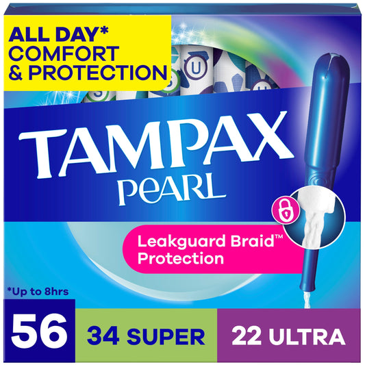 Tampax empaque frontal de 56 unidades mostrando multipack y absorbencias para confianza