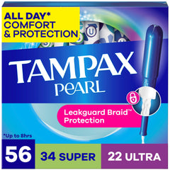 Tampax empaque frontal de 56 unidades mostrando multipack y absorbencias para confianza