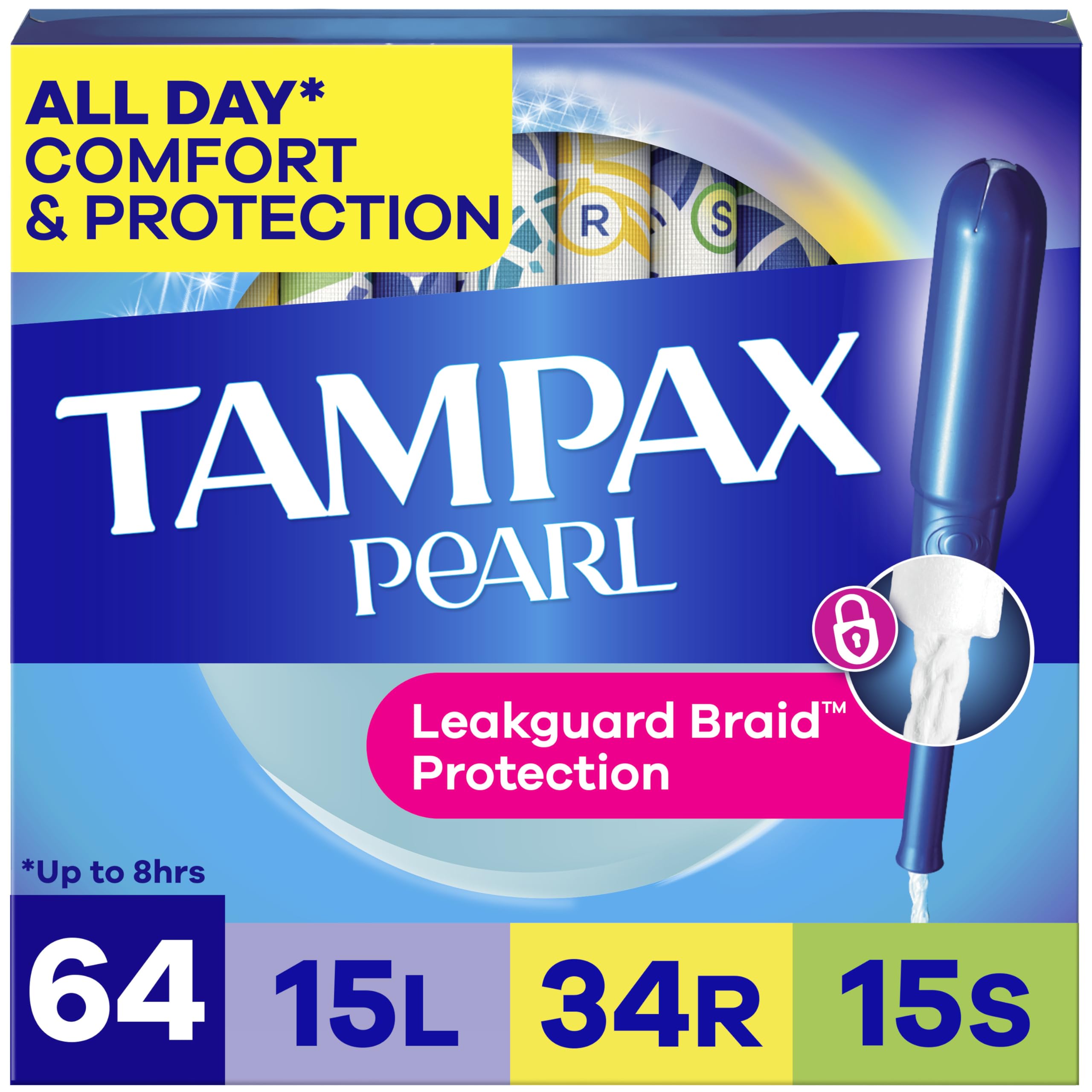 Tampax Pearl frente del paquete mostrando cantidad y beneficio anti‑fugas