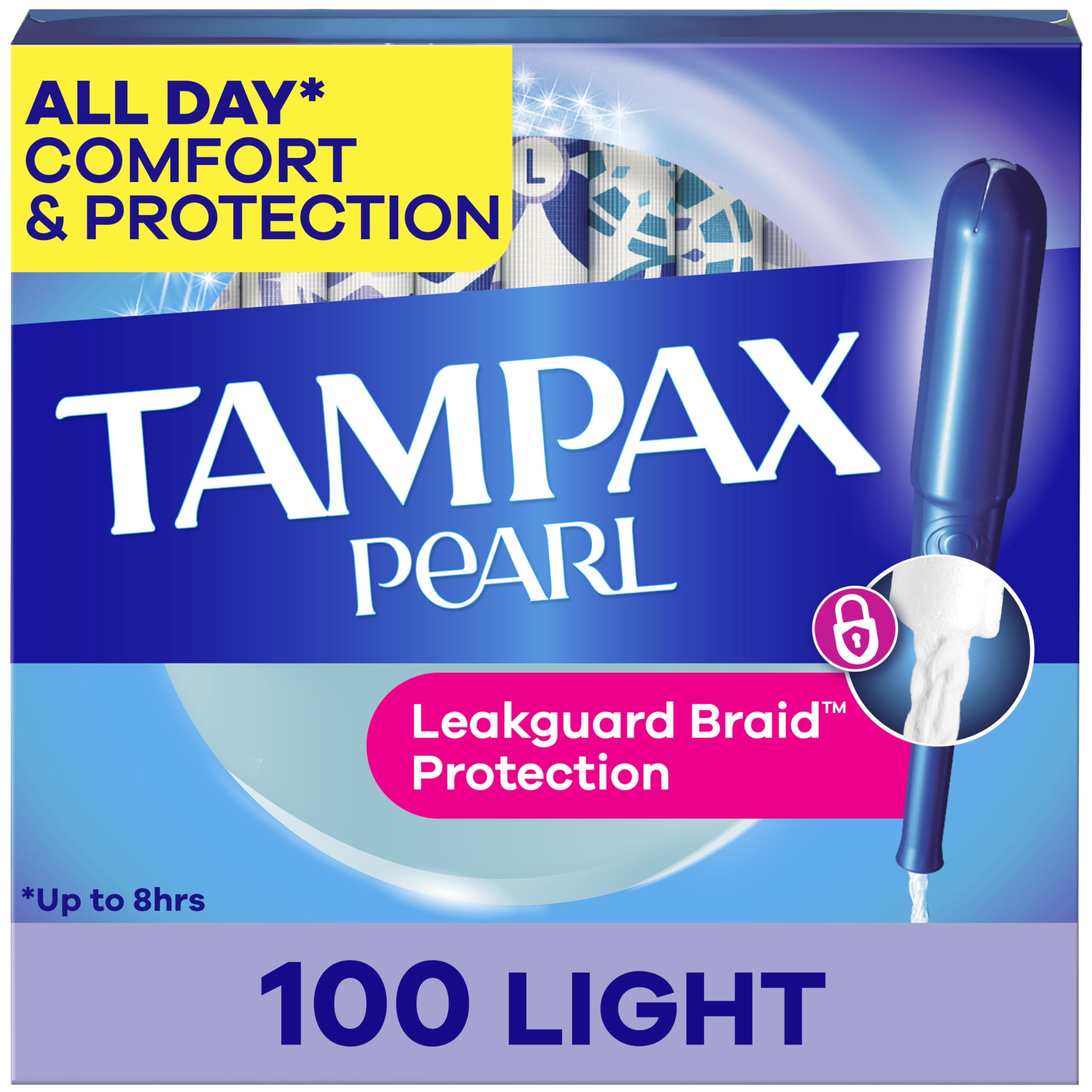 Tampax frente del paquete mostrando 100 tampones y conveniencia