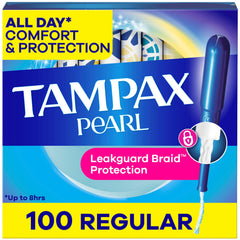 Tampax Pearl frente del empaque mostrando 100 unidades y beneficio de protección