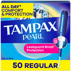 Tampax paquete frontal mostrando 50 unidades y protección