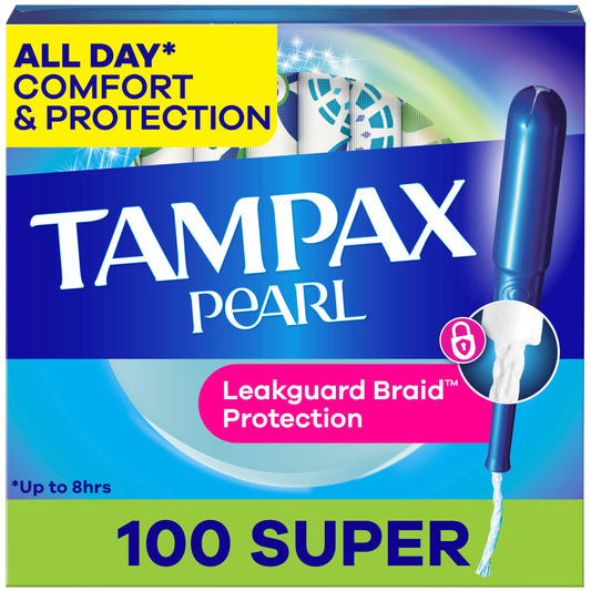 Tampax Pearl frontal del paquete mostrando protección y cantidad