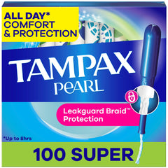 Tampax Pearl frontal del paquete mostrando protección y cantidad