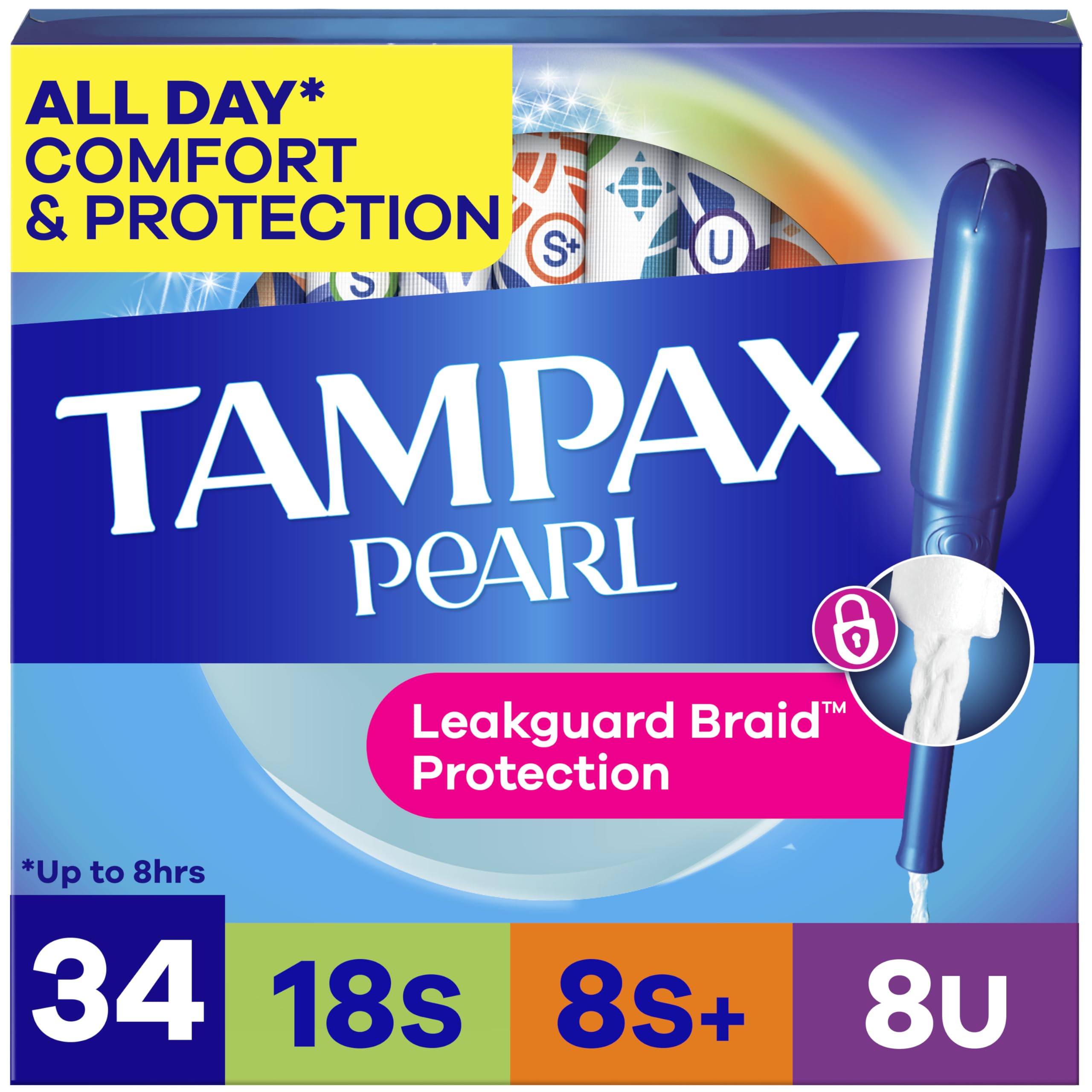 Tampax Pearl vista frontal paquete mostrando variedad de absorbencias y comodidad