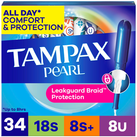 Tampax Pearl vista frontal paquete mostrando variedad de absorbencias y comodidad