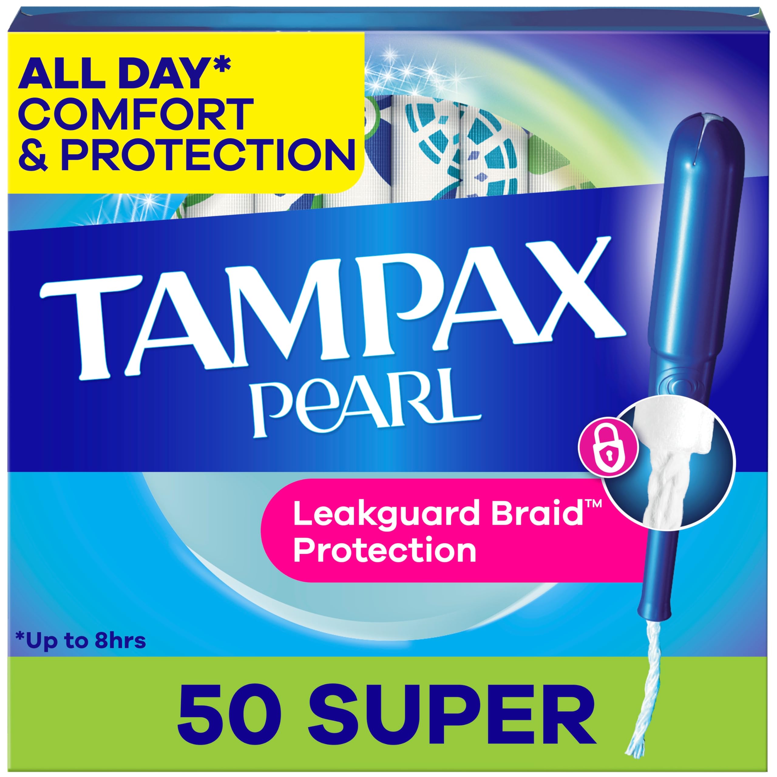 Tampax paquete frontal mostrando 50 unidades y protección confiable
