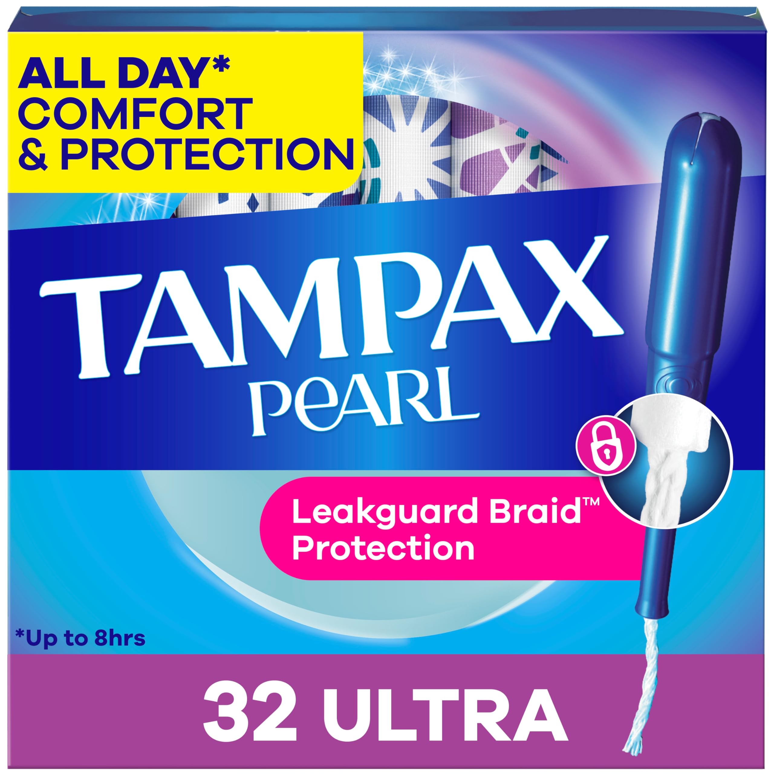 Tampax paquete frontal mostrando 32 tampones y beneficio de protección prolongada