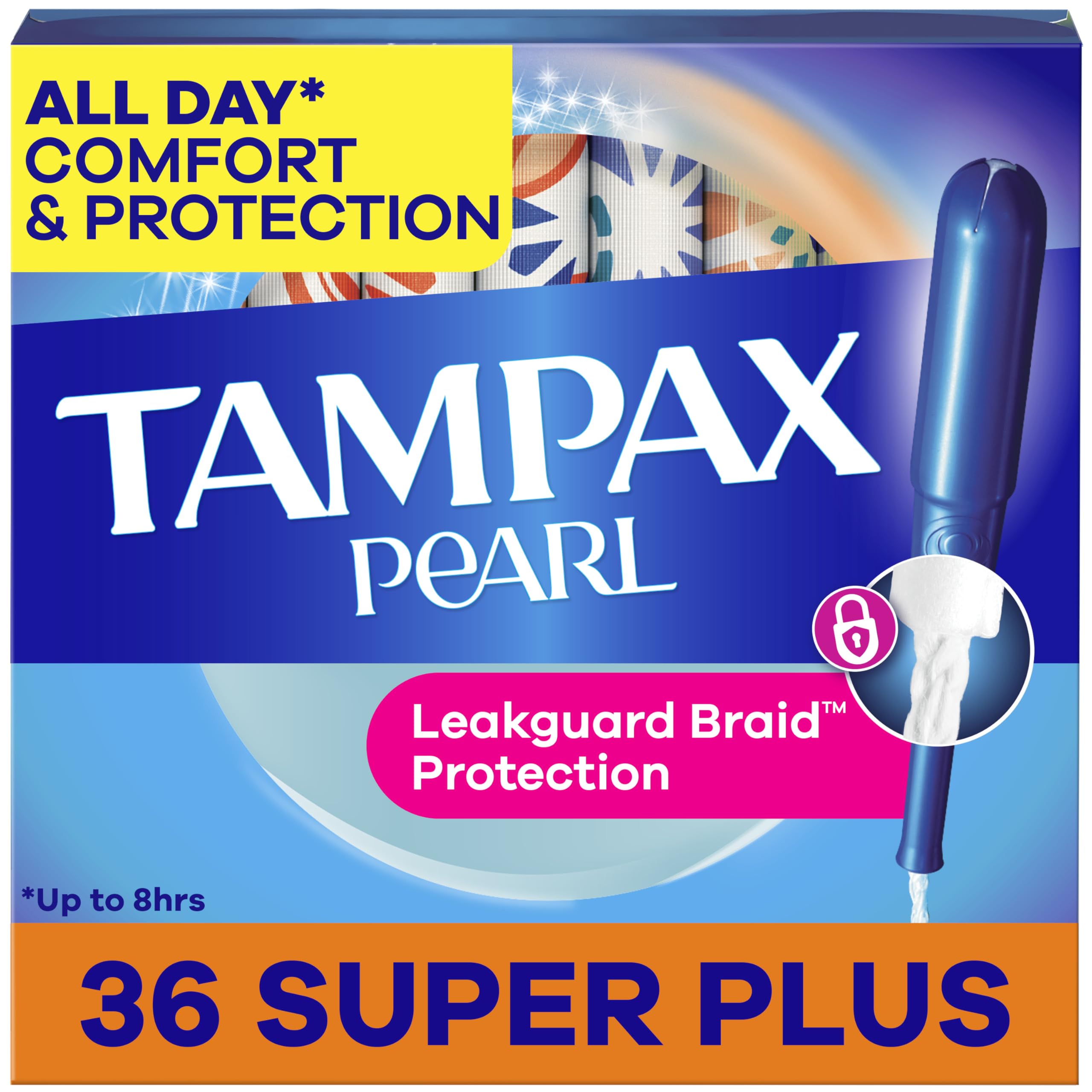 Tampax Pearl frente del paquete mostrando 36 unidades y beneficio de protección