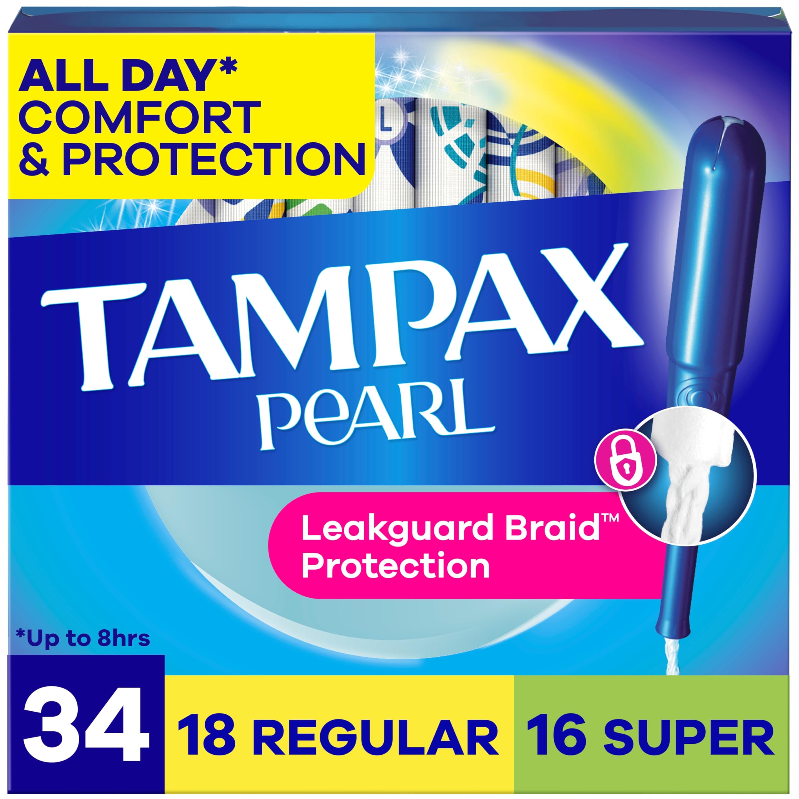 Tampax Pearl presentación frontal mostrando caja multipack y beneficio protección