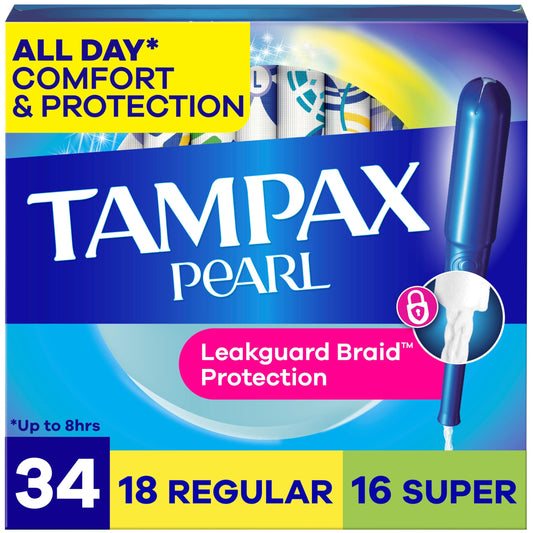Tampax Pearl presentación frontal mostrando caja multipack y beneficio protección