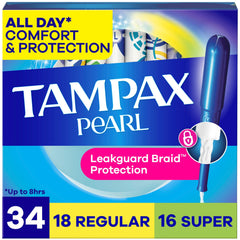 Tampax Pearl presentación frontal mostrando caja multipack y beneficio protección