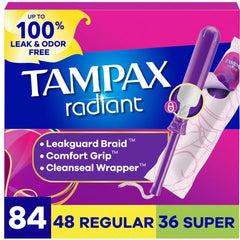 Tampax Radiant embalaje frontal mostrando el multipack y beneficio de protección