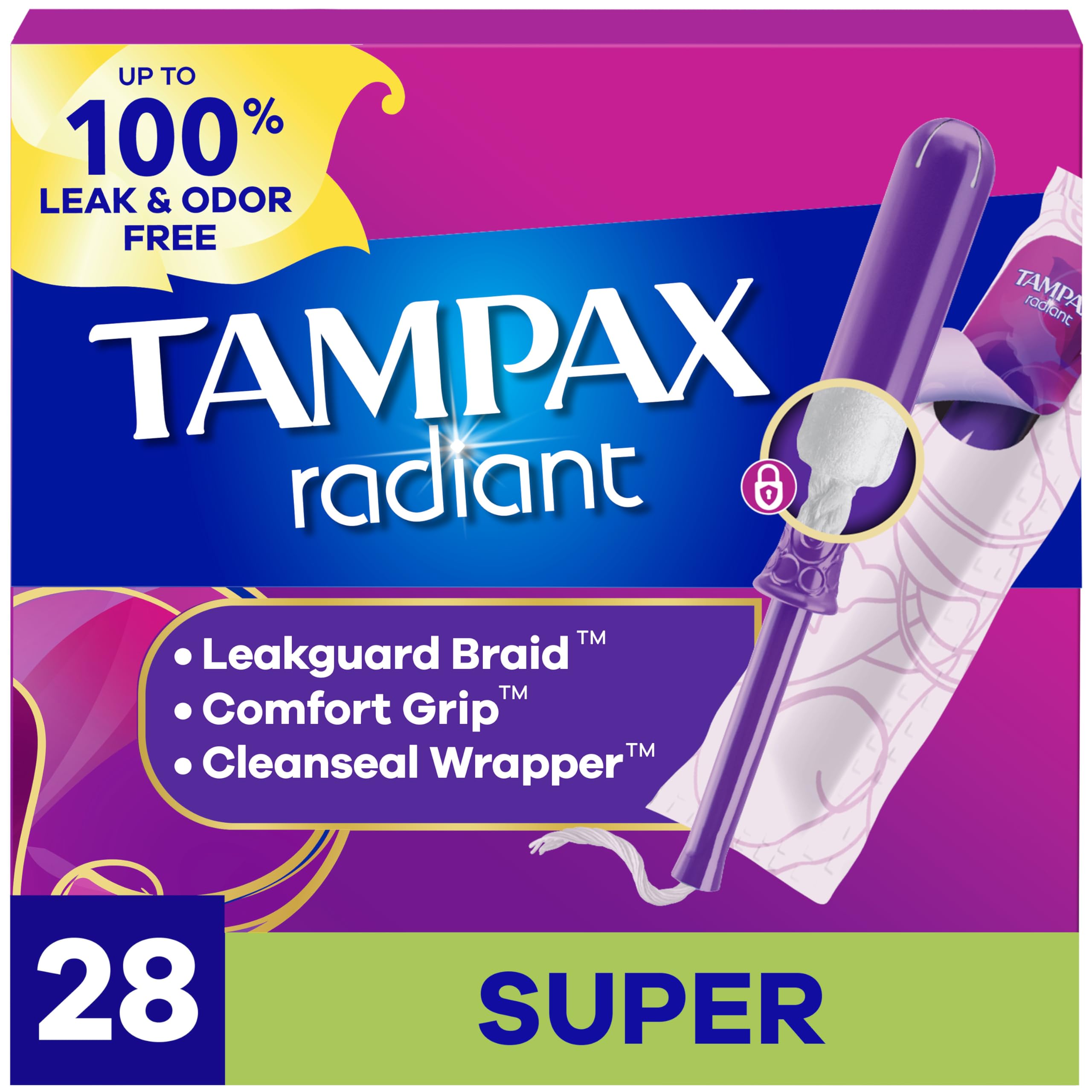 Tampax empaque frontal mostrando 28 tampones y beneficio de protección