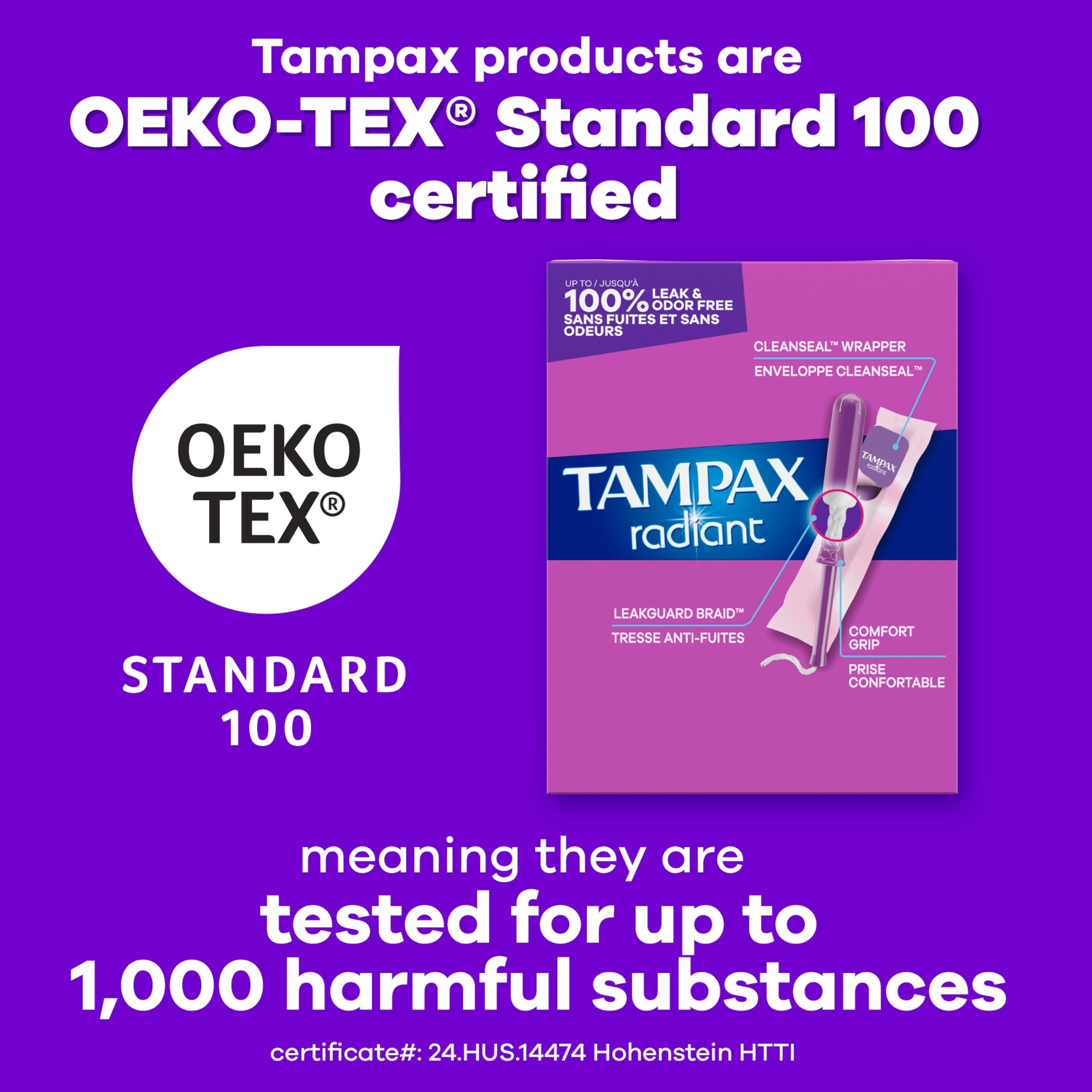 Tampax Radiant en bolso de mano listo para uso durante actividades diarias