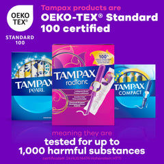 Tampax Radiant etiqueta con certificación OEKO-TEX para tranquilidad sobre sustancias