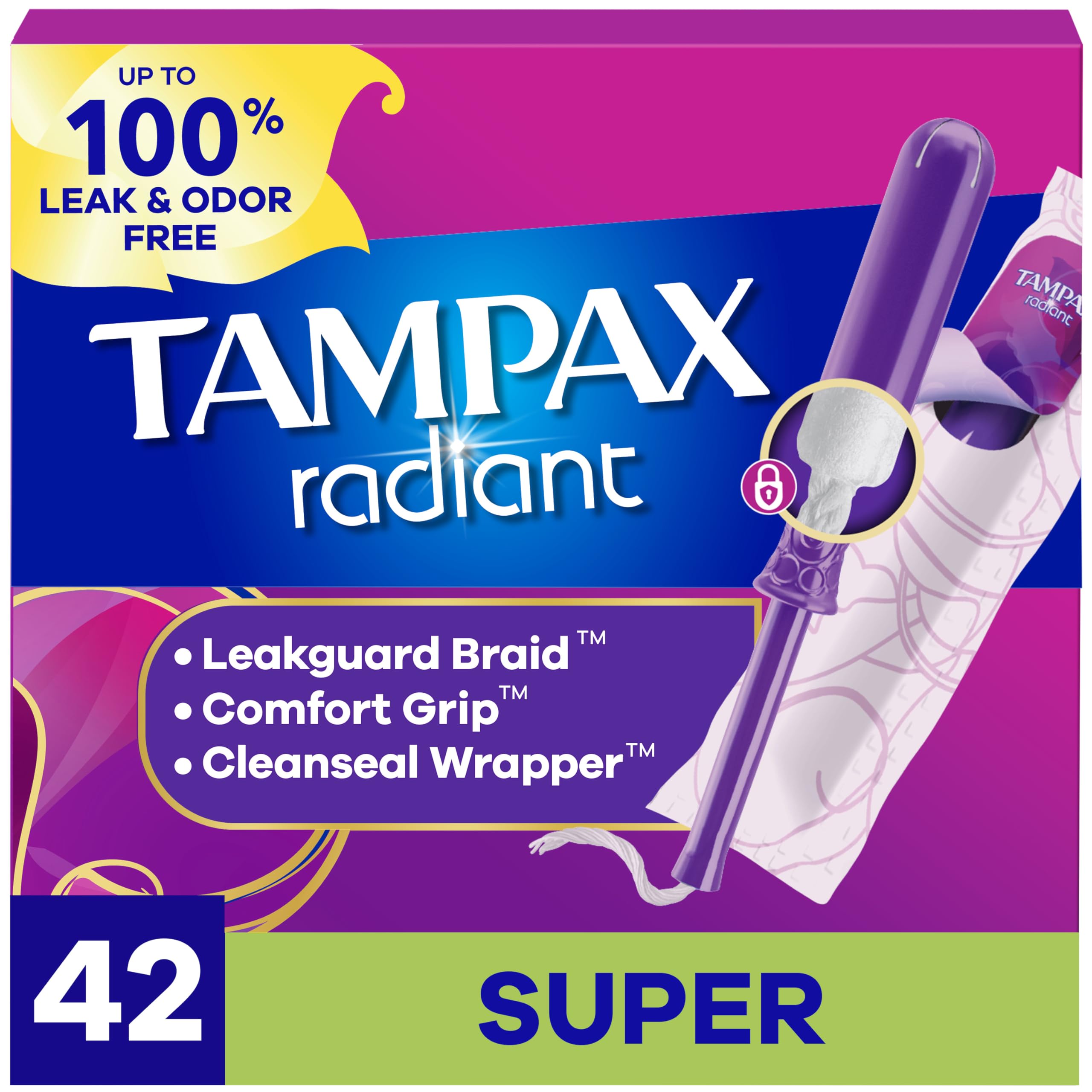Tampax Radiant frente del empaque mostrando cantidad y beneficio