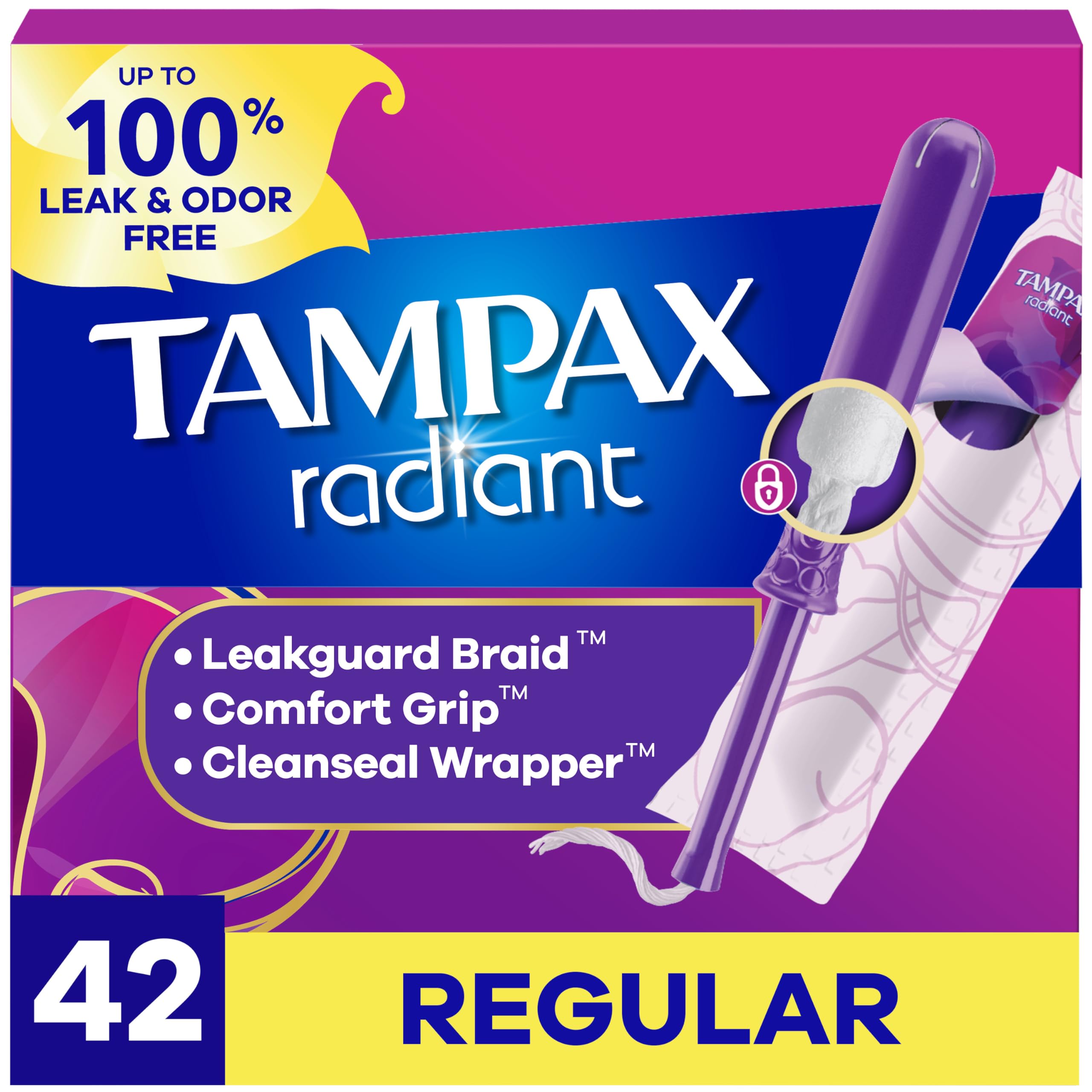 Tampax Radiant paquete frontal mostrando cantidad 42 y colores